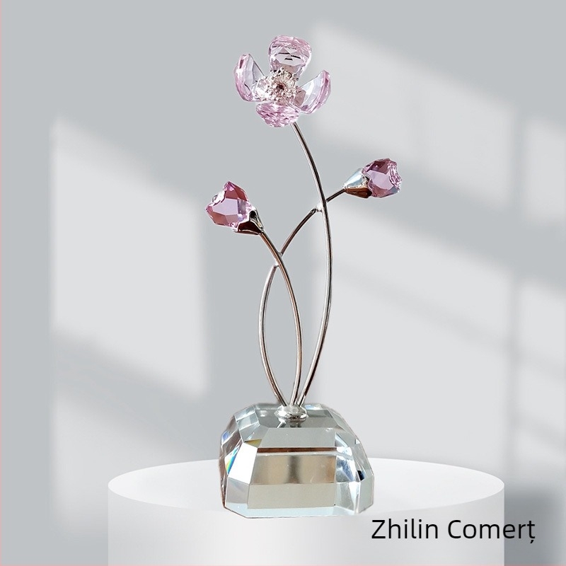 Trifoi cu patru foi – floare eternă din cristal pudrat, ornament vegetal în cutie cadou, stil modern minimalist