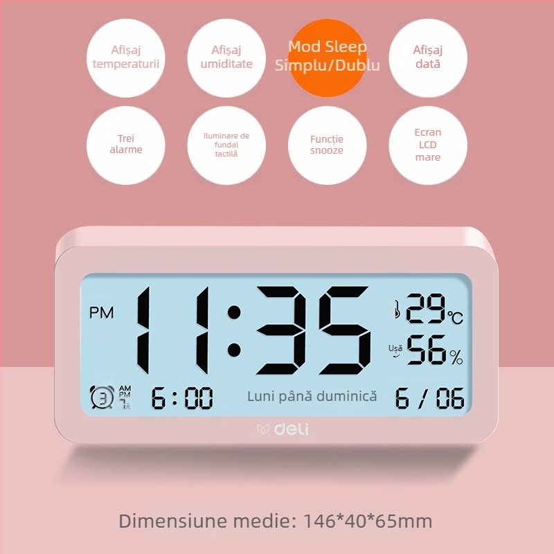Deli ceas de alarmă electronic cu afișaj LCD, alimentat cu baterie, stil boem