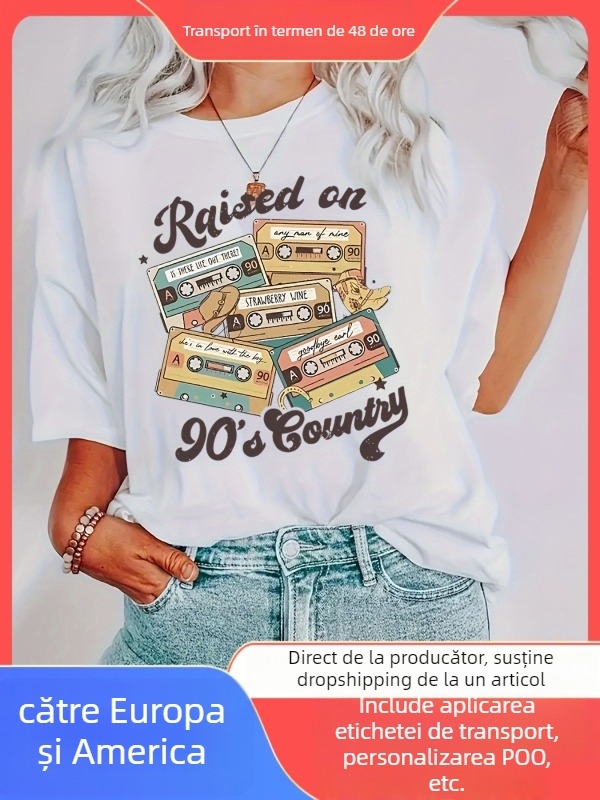 Tricou dama cu imprimeu litere – bumbac mercerizat, guler rotund, mâneci scurte