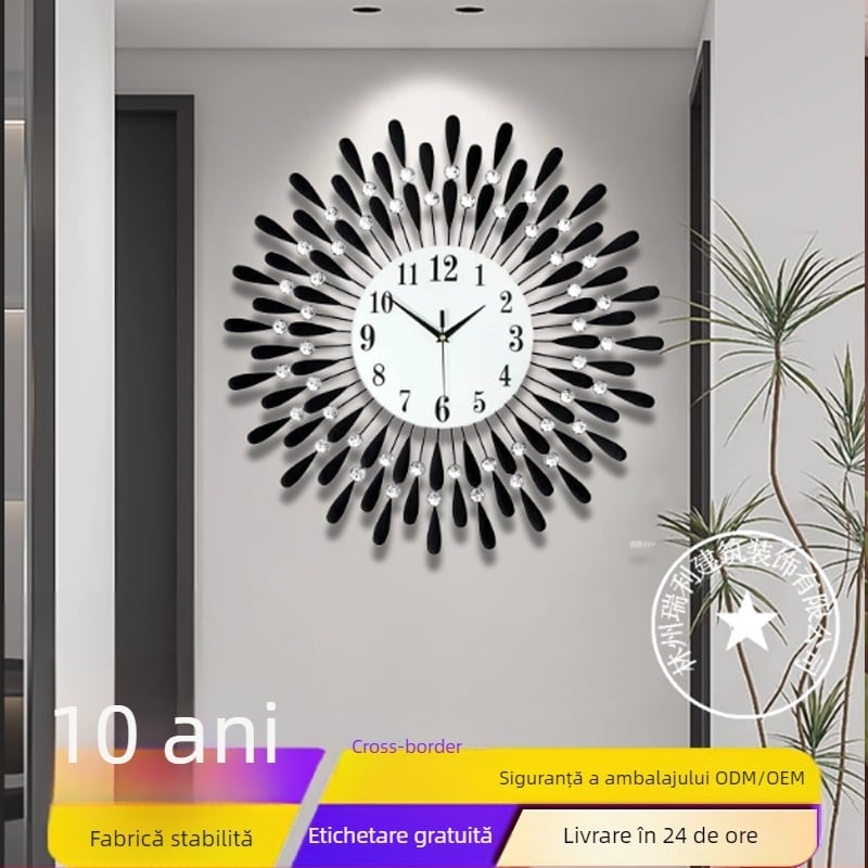 Ceas de perete JT1301 cu mișcare cuarț, alimentat cu baterie, cadran din metal, carcasă din fier forjat