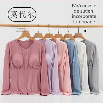 Top de alăptare cu închidere cu patru nasturi, mâneci lungi, viscoză respirabilă (95-100%), țesătură groasă 251-300 g/m²