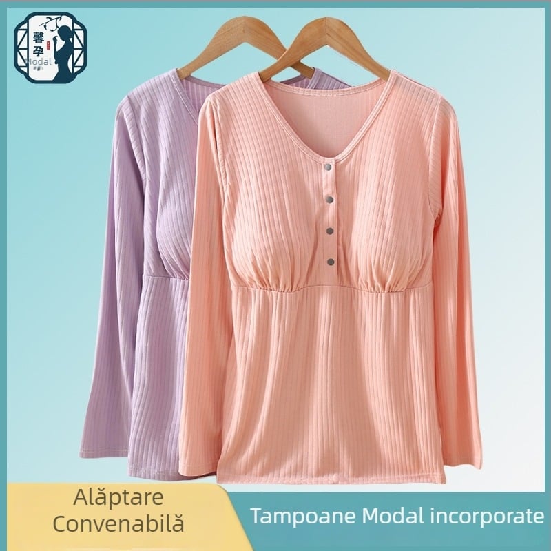 Top de alăptare cu închidere cu patru nasturi, mâneci lungi, viscoză respirabilă (95-100%), țesătură groasă 251-300 g/m²