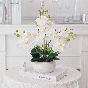 Shengfeng Flori Phalaenopsis artificiale în ghiveci – set bonsai ceramic pentru decor în living; varietate: Phalaenopsis; material: mătase; utilizare: nunți, ședințe foto, decor interior