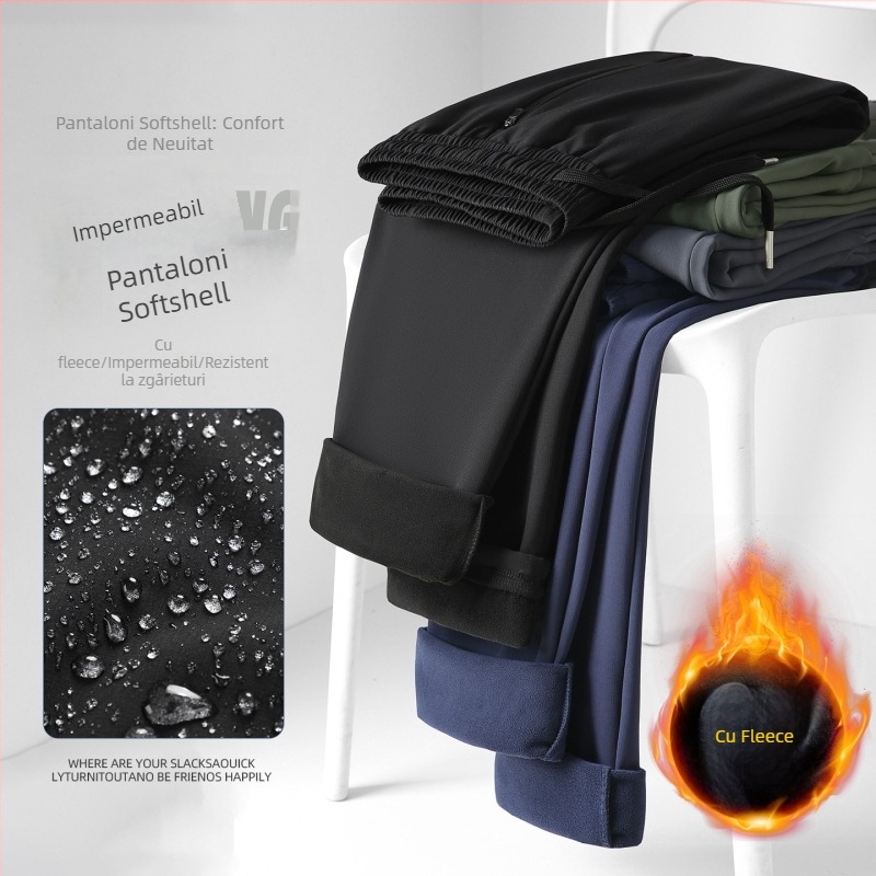 Pantaloni softshell pentru bărbați, căptuți cu fleece, impermeabili și rezistenți la vânt pentru iarnă, ideali pentru drumeții și alpinism, cu mai multe buzunare