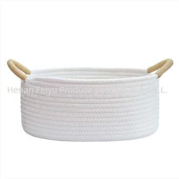 Coș de depozitare oval din frânghie de bumbac, cu mâner înfășurat, stil pastoral, Flying feather, potrivit pentru jucăriile de animale de companie și alte obiecte mărunte