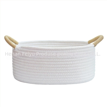 Coș de depozitare oval din frânghie de bumbac, cu mâner înfășurat, stil pastoral, Flying feather, potrivit pentru jucăriile de animale de companie și alte obiecte mărunte