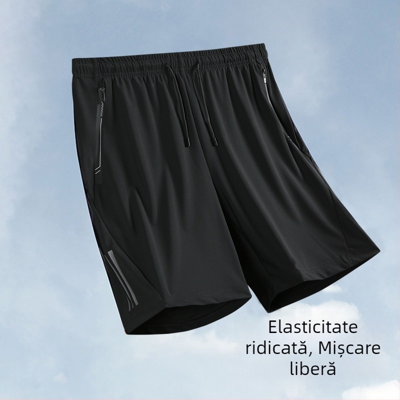 Șorturi bărbătești de vară din țesătură ice-silk, ușoare, talie medie, țesătură stretch, croială dreaptă