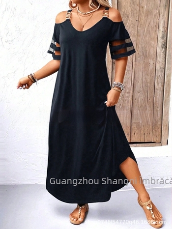 Rochie de damă A-line cu imprimeu leopard, decolteu în V, panouri din plasă, poliester