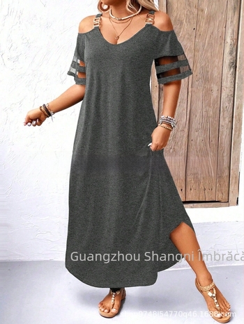 Rochie de damă A-line cu imprimeu leopard, decolteu în V, panouri din plasă, poliester