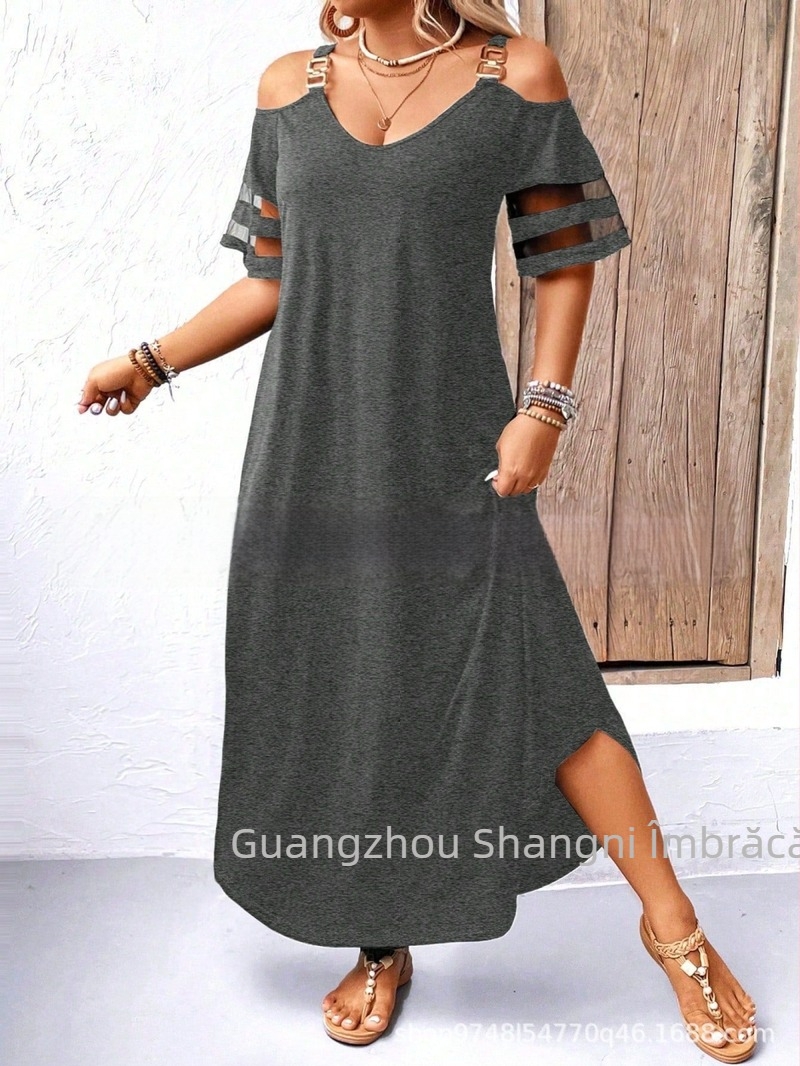 Rochie de damă A-line cu imprimeu leopard, decolteu în V, panouri din plasă, poliester