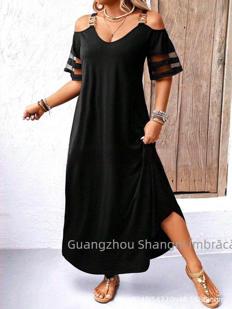 Rochie de damă A-line cu imprimeu leopard, decolteu în V, panouri din plasă, poliester