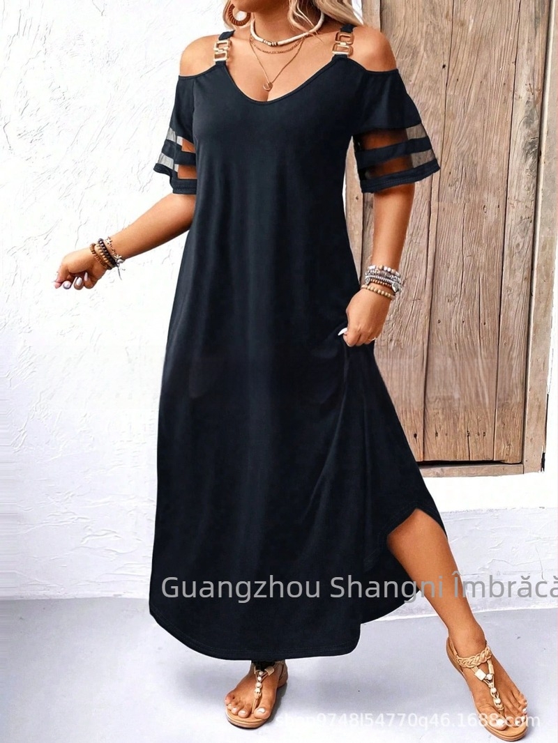 Rochie de damă A-line cu imprimeu leopard, decolteu în V, panouri din plasă, poliester