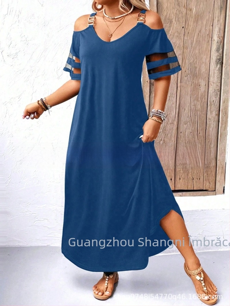 Rochie de damă A-line cu imprimeu leopard, decolteu în V, panouri din plasă, poliester