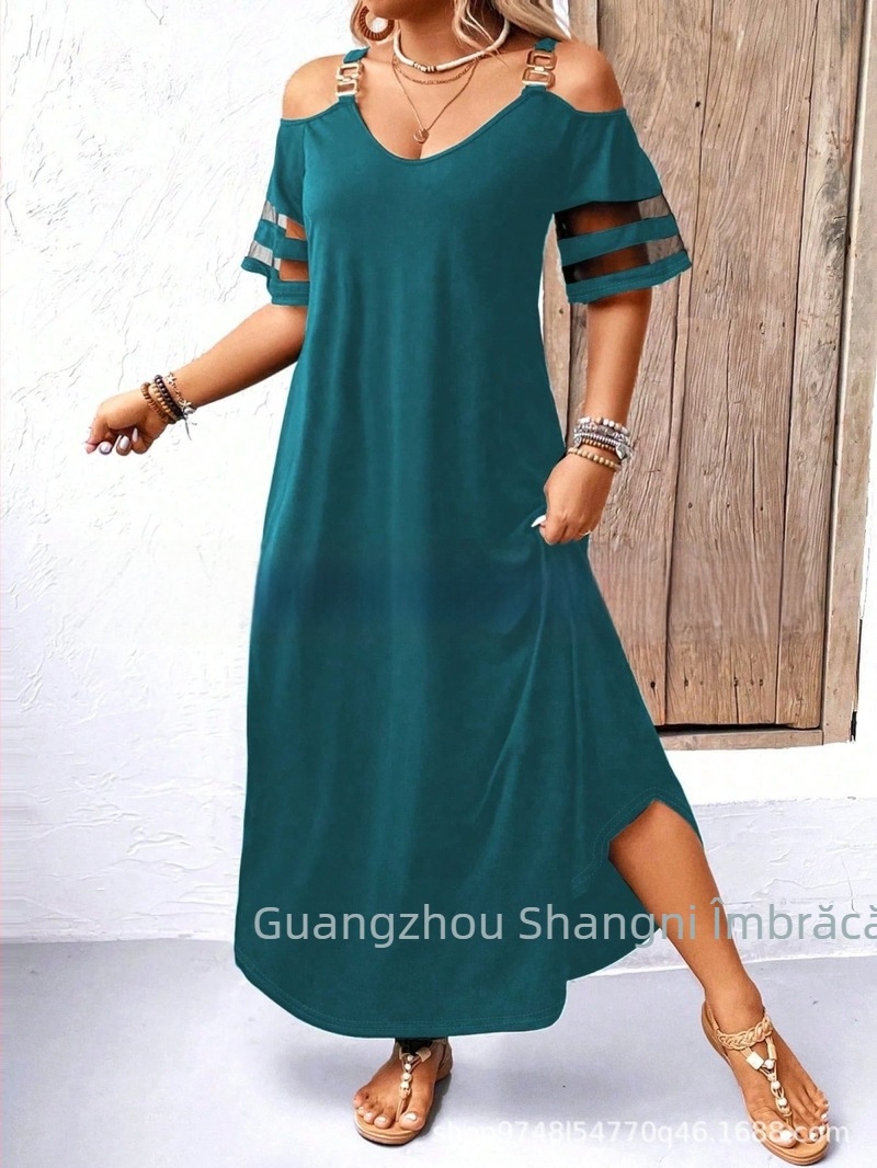 Rochie de damă A-line cu imprimeu leopard, decolteu în V, panouri din plasă, poliester