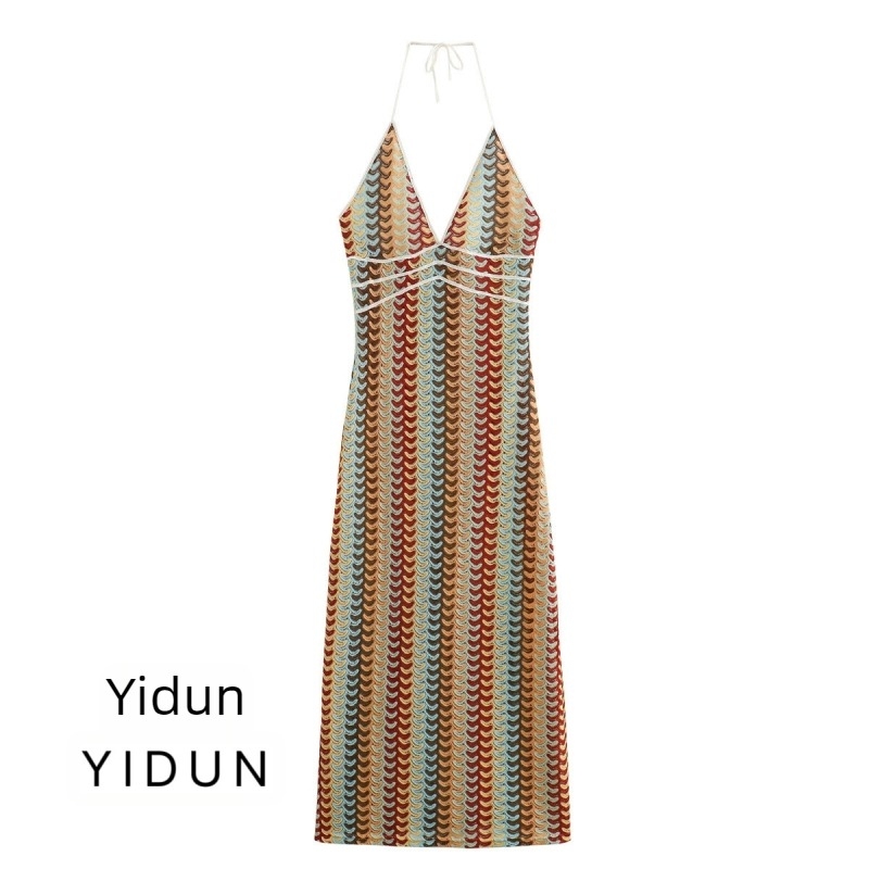 rochie cu halter și decolteu în V, fără mâneci, lungă, poliester, imprimare 3D