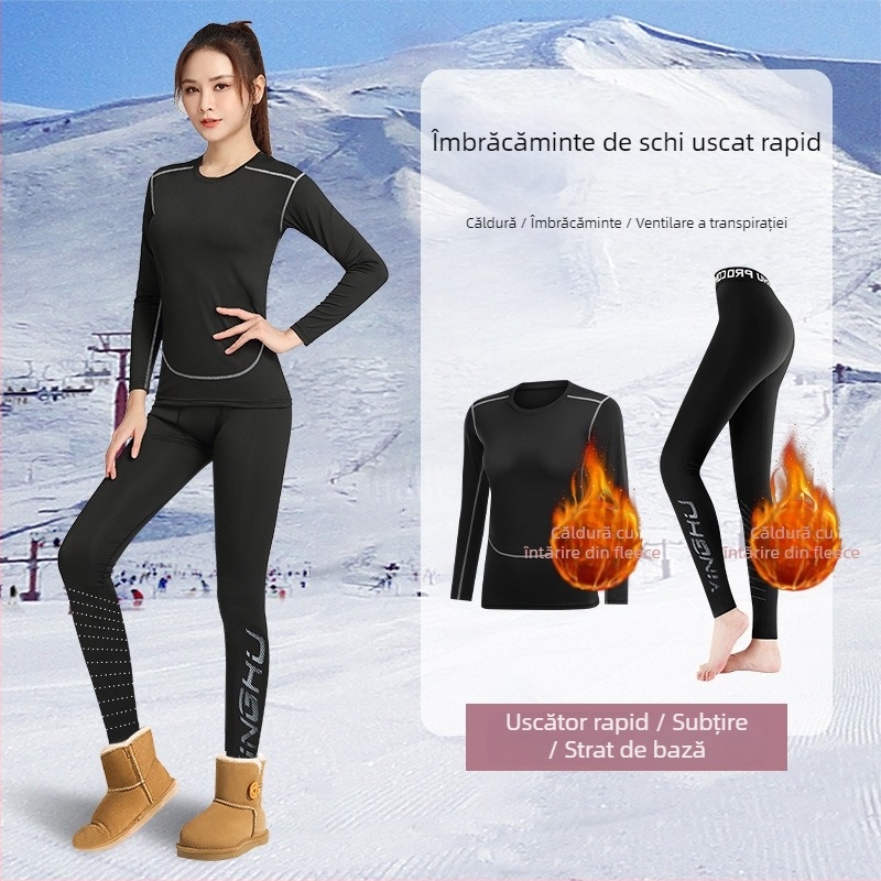 Bază termică compresivă pentru femei, cu căptușeală fleece, pentru schi, yoga și fitness