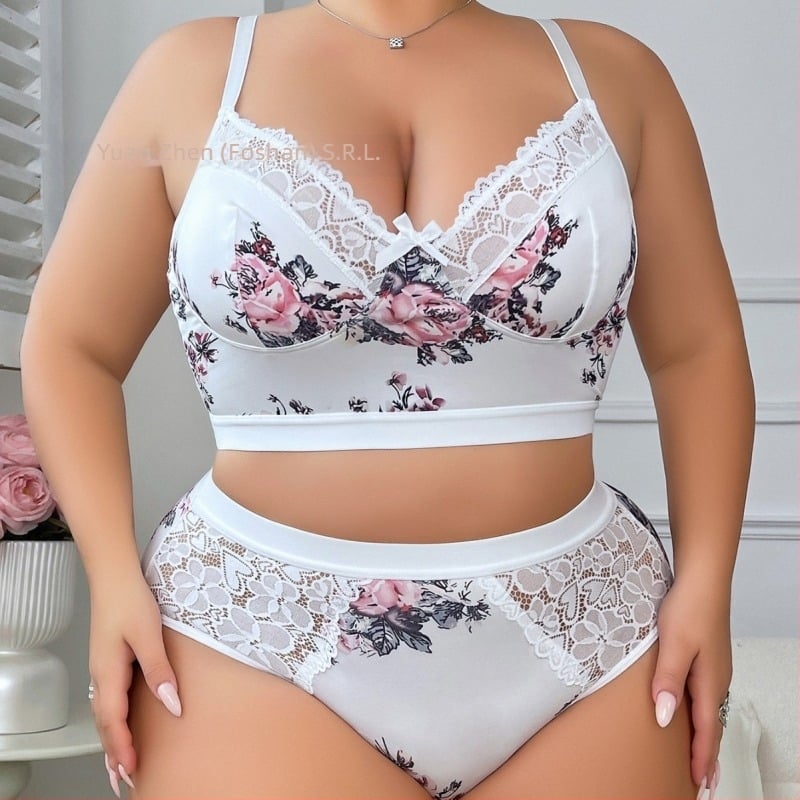 Set de lenjerie cu imprimeu floral, sutien din dantelă cu funda decorativă, confortabil și respirabil, Poliester 95% / Spandex, pentru tineri 18–40 de ani, potrivit pentru toate anotimpurile