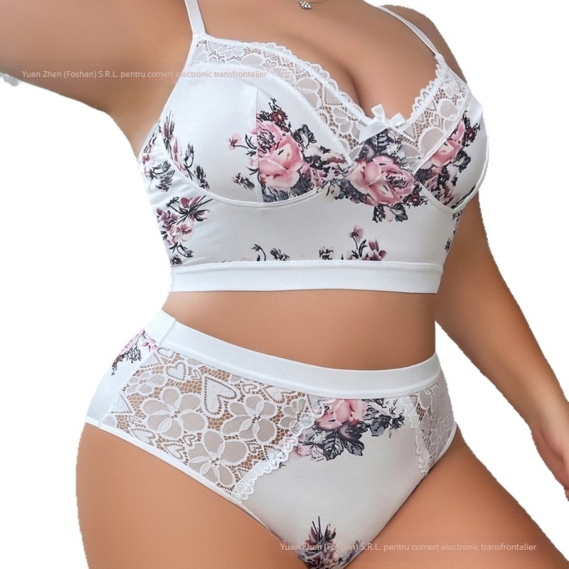 Set de lenjerie cu imprimeu floral, sutien din dantelă cu funda decorativă, confortabil și respirabil, Poliester 95% / Spandex, pentru tineri 18–40 de ani, potrivit pentru toate anotimpurile