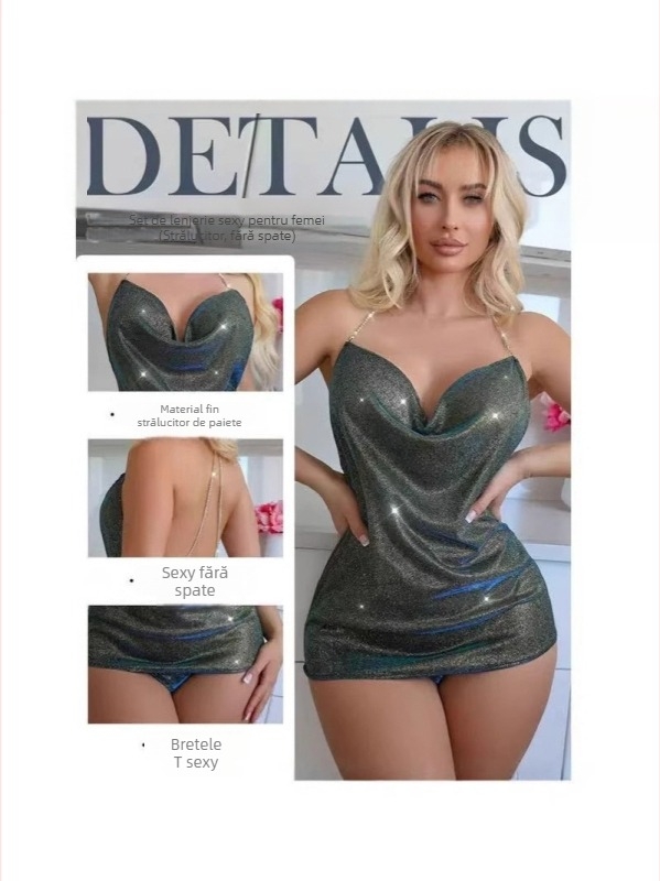 Set din două piese: spate deschis, lanț cu diamante și bretele încrucișate, decolteu în V, fără mâneci