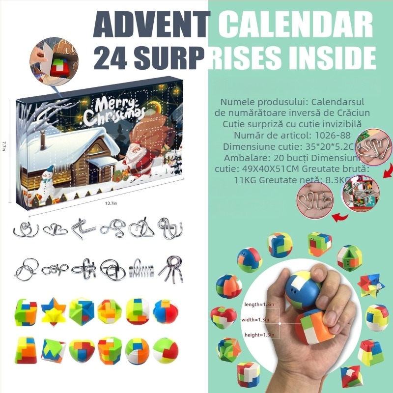 Joc de puzzle de Crăciun: Minge Luban cu labirint și deblocare a inelului din fier, din plastic, ambalaj într-o cutie color, cadou pentru copii și prieteni