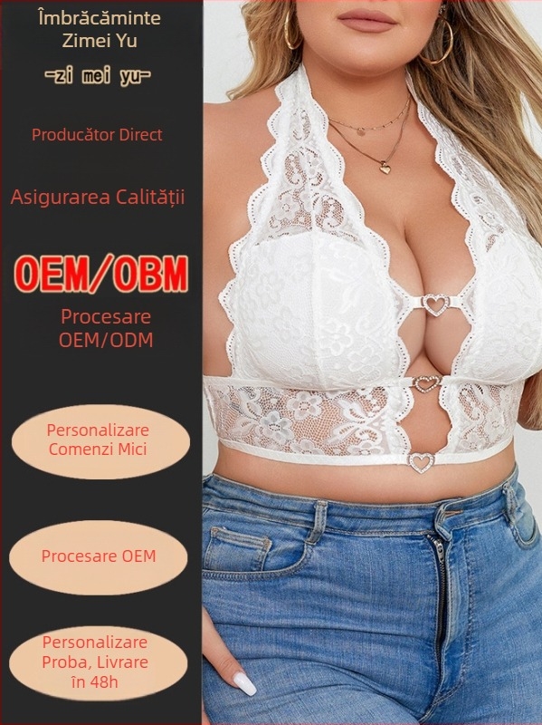 Top din dantelă cu gât halter, fără spate, croială strânsă, amestec nailon-spandex, micro-elastic