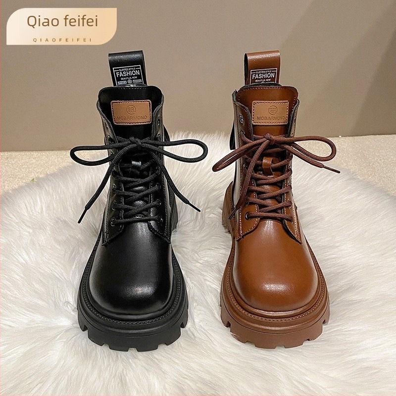 Ghete de iarnă pentru femei, amestec piele-blană, căptușite cu blană, înalte, talpă groasă din cauciuc, stil Martin