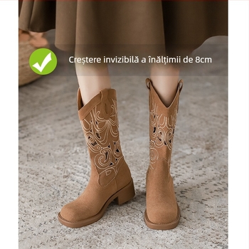 Cizme cavaler cu vârf pătrat, toc gros 6–8 cm, înălțime medie a gambelor, partea superioară din super fiber, talpă din cauciuc