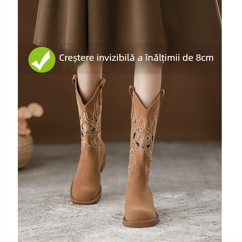 Cizme cavaler cu vârf pătrat, toc gros 6–8 cm, înălțime medie a gambelor, partea superioară din super fiber, talpă din cauciuc