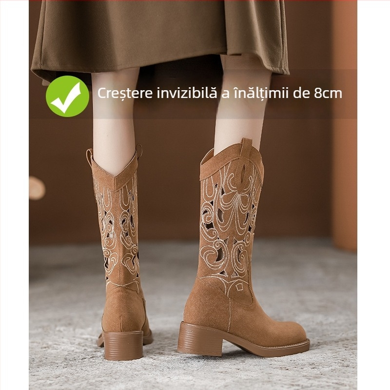 Cizme cavaler cu vârf pătrat, toc gros 6–8 cm, înălțime medie a gambelor, partea superioară din super fiber, talpă din cauciuc