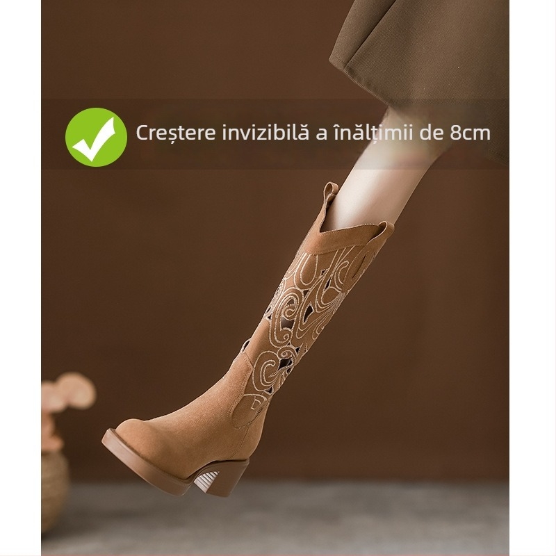 Cizme cavaler cu vârf pătrat, toc gros 6–8 cm, înălțime medie a gambelor, partea superioară din super fiber, talpă din cauciuc