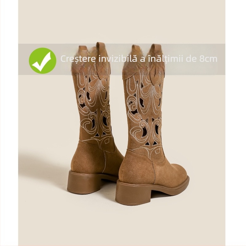 Cizme cavaler cu vârf pătrat, toc gros 6–8 cm, înălțime medie a gambelor, partea superioară din super fiber, talpă din cauciuc