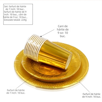 Pahare și farfurii de hârtie de unică folosință, cu model auriu și argintiu — material hârtie, grosime 300 g, formă rotundă, logo tipărit