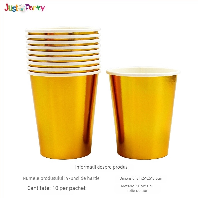 Pahare și farfurii de hârtie de unică folosință, cu model auriu și argintiu — material hârtie, grosime 300 g, formă rotundă, logo tipărit