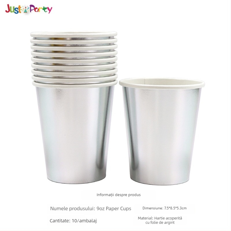 Pahare și farfurii de hârtie de unică folosință, cu model auriu și argintiu — material hârtie, grosime 300 g, formă rotundă, logo tipărit