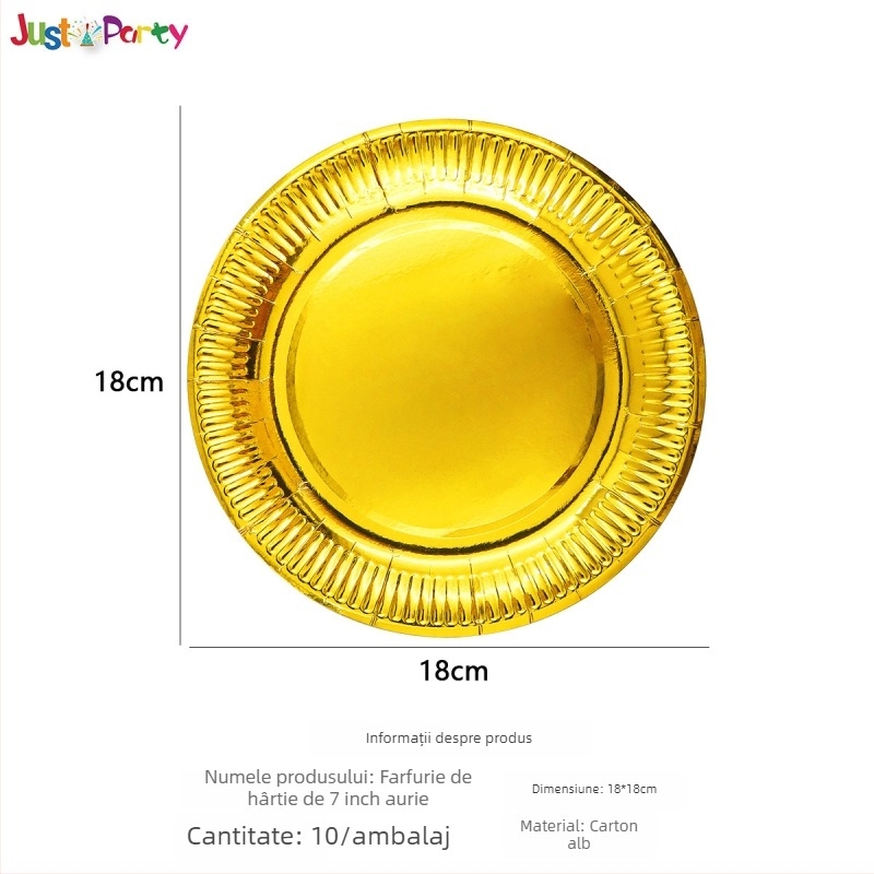 Pahare și farfurii de hârtie de unică folosință, cu model auriu și argintiu — material hârtie, grosime 300 g, formă rotundă, logo tipărit