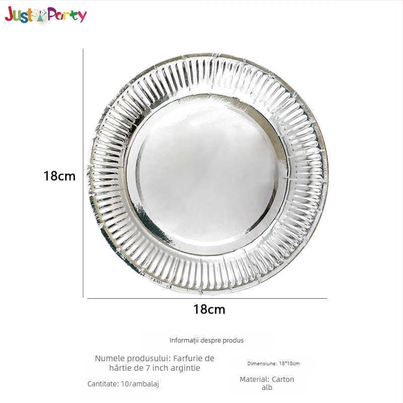 Pahare și farfurii de hârtie de unică folosință, cu model auriu și argintiu — material hârtie, grosime 300 g, formă rotundă, logo tipărit