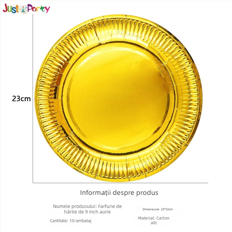 Pahare și farfurii de hârtie de unică folosință, cu model auriu și argintiu — material hârtie, grosime 300 g, formă rotundă, logo tipărit