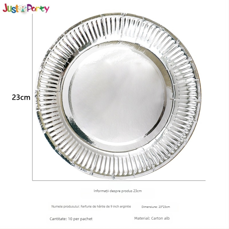 Pahare și farfurii de hârtie de unică folosință, cu model auriu și argintiu — material hârtie, grosime 300 g, formă rotundă, logo tipărit