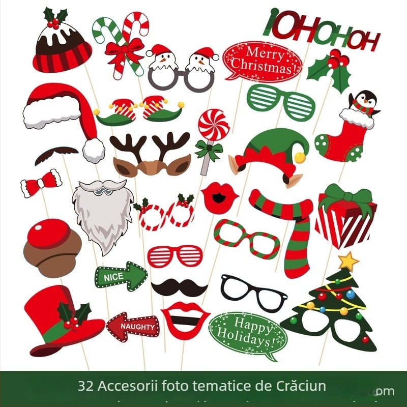 Set de accesorii foto de Crăciun cu șosete, pandantiv pentru pălăria Moșului și barbă (Material: Hârtie; Proces: Tipărire; Tip accesorii: Mască; Categorie: Accesorii foto; Produs: Accesorii de machiaj și costume)