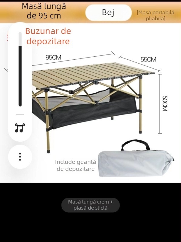 Egg Roll Table — Masă lungă pliabilă pentru exterior, camping și grătar; oțel cu carbon, pliabil, stil Egg Roll