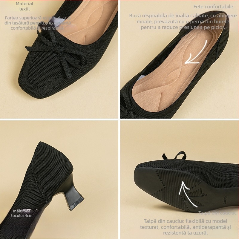 Pantofi cu toc înalt, vârf pătrat, partea superioară din plasă, toc gros 6–8 cm, talpă din cauciuc