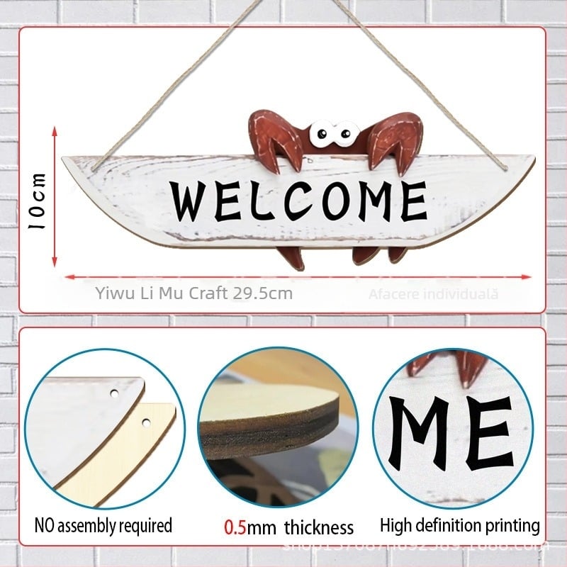 Plăcuță de bun-venit din lemn pentru ușă în stil oceanic/mediteranean cu motiv de crab, material: boxwood, stil: artă modernă, tehnică de execuție: imprimare, cod produs: Pp-gp-4093