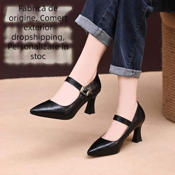 Pantofi dama cu toc gros, vârf ascuțit, partea superioară PU, slip-on, stil coreean, toc 3-6 cm