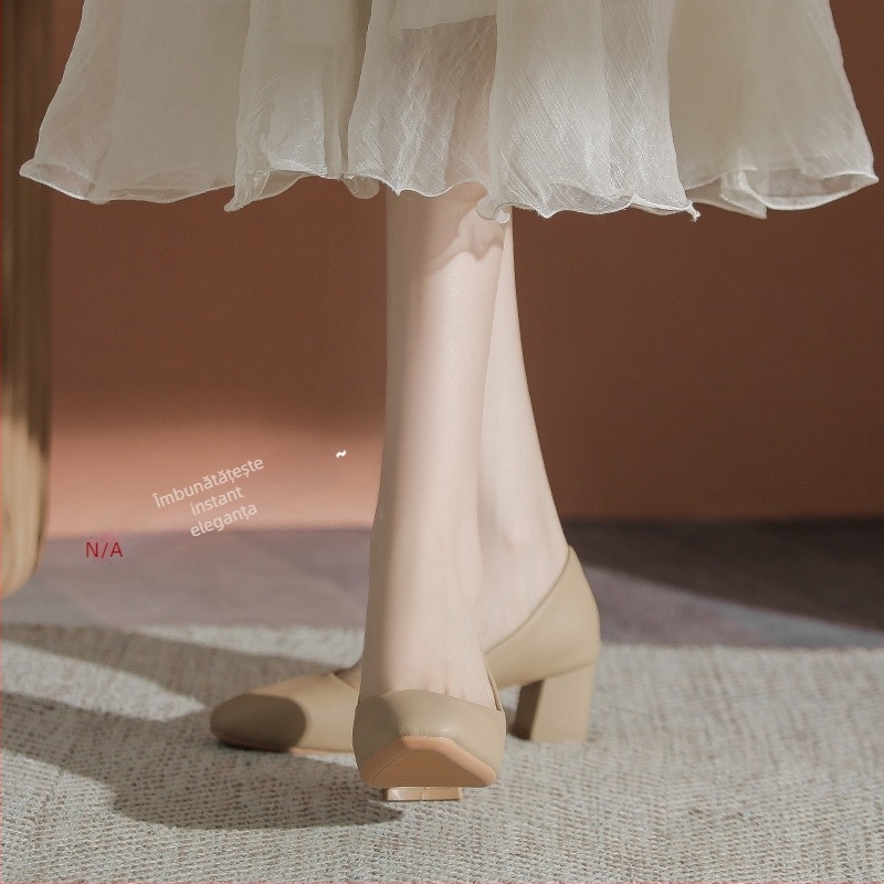 Pantofi dama cu toc înalt (vârf pătrat, toc mediu 3–5 cm, toc masiv, material superior: microfibră, talpă interioară: piele naturală)