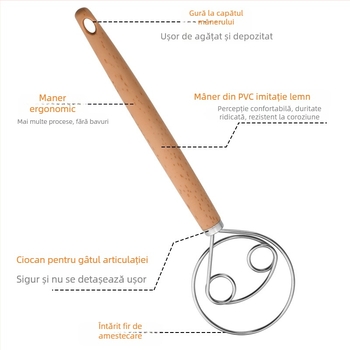 Mixer manual pentru aluat din oțel inoxidabil, unealtă de frământat, antiaderent, pentru frământare și amestecare aluat