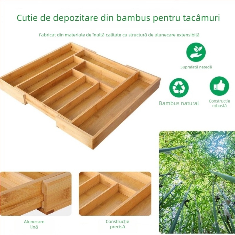 Cutie de sertar din bambus, impermeabilă și retractabilă — organizator de bucătărie pentru condimente și vesela, stil modern minimalist