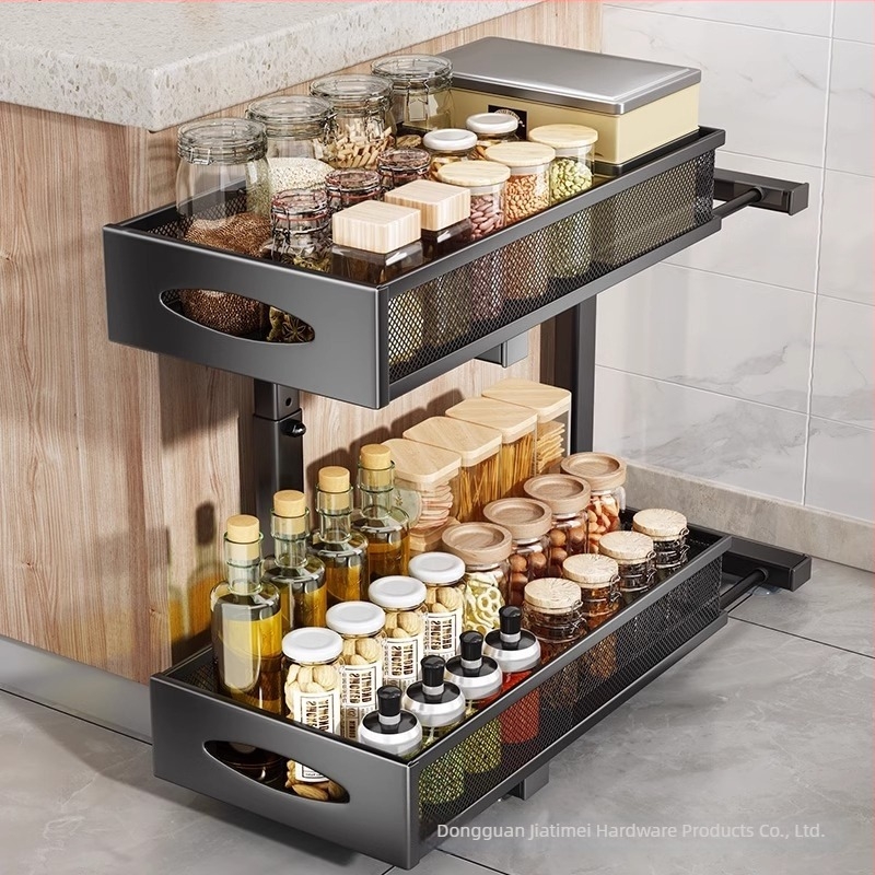 Raft de depozitare pentru chiuvetă, coș reglabil în dulap, organizator glisant multistrat, din sârmă de fier