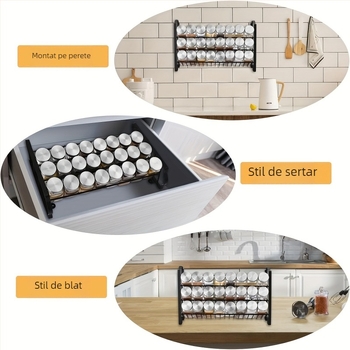 Raft pentru condimente cu trei niveluri, cu borcane din sticlă și accesorii practice, montaj fără găuri, design modern, raft pentru condimente, lansat în iarna 2014
