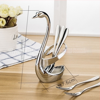 Set de veselă cu lingură de desert, linguriță de cafea și furculiță pentru fructe, cu suport de depozitare, stil coreean — Houyang, model monocrom, calitate de primă clasă