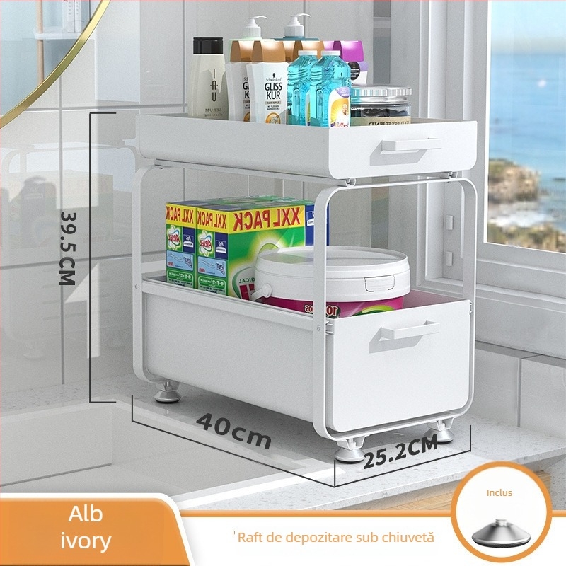 Raft de depozitare sub chiuvetă, glisant, din oțel-carbon, cu două niveluri, mobil